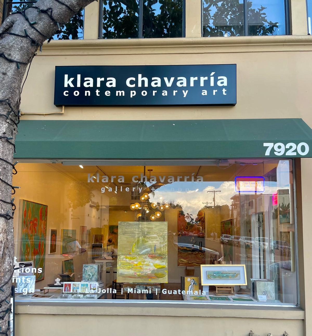 Klara Chavarría Contemporary Art gallery storefront at 7920 Ivanhoe Ave in La Jolla, its window full of paintings