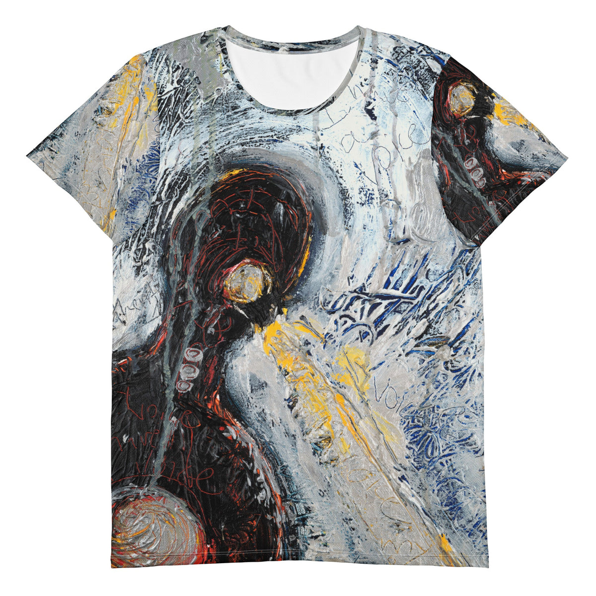 Athletic tee with a swirling gray, white and blue painting of a dark form, I HAVE A VOICE by Klara Chavarría