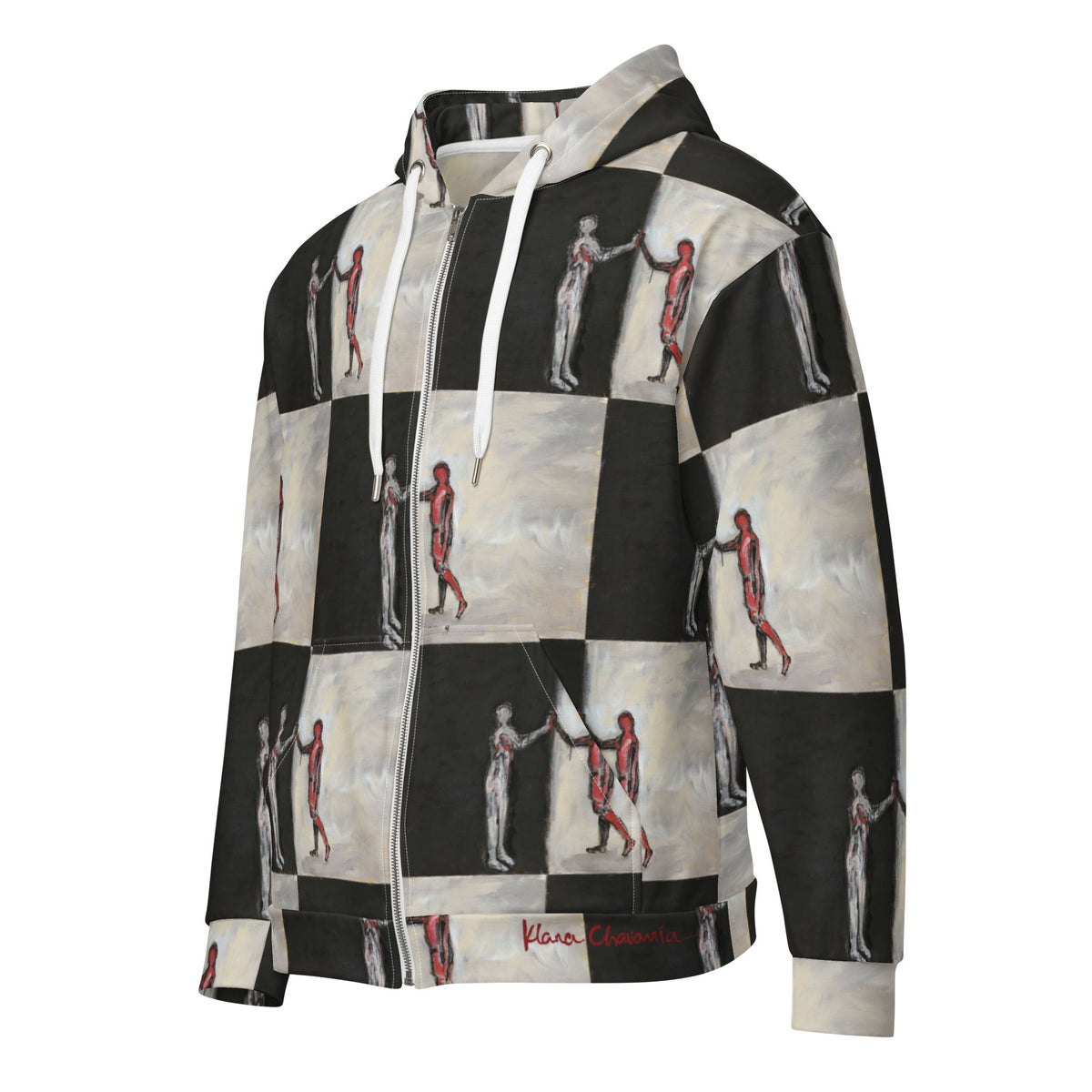 Left front three-quarter view of the zipped checkerboard hoodie with white drawstrings