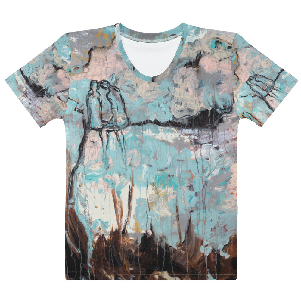 Flat tee front, two outlined figures on a ledge in aqua and pink, THE UNCONDITIONAL by Klara Chavarría