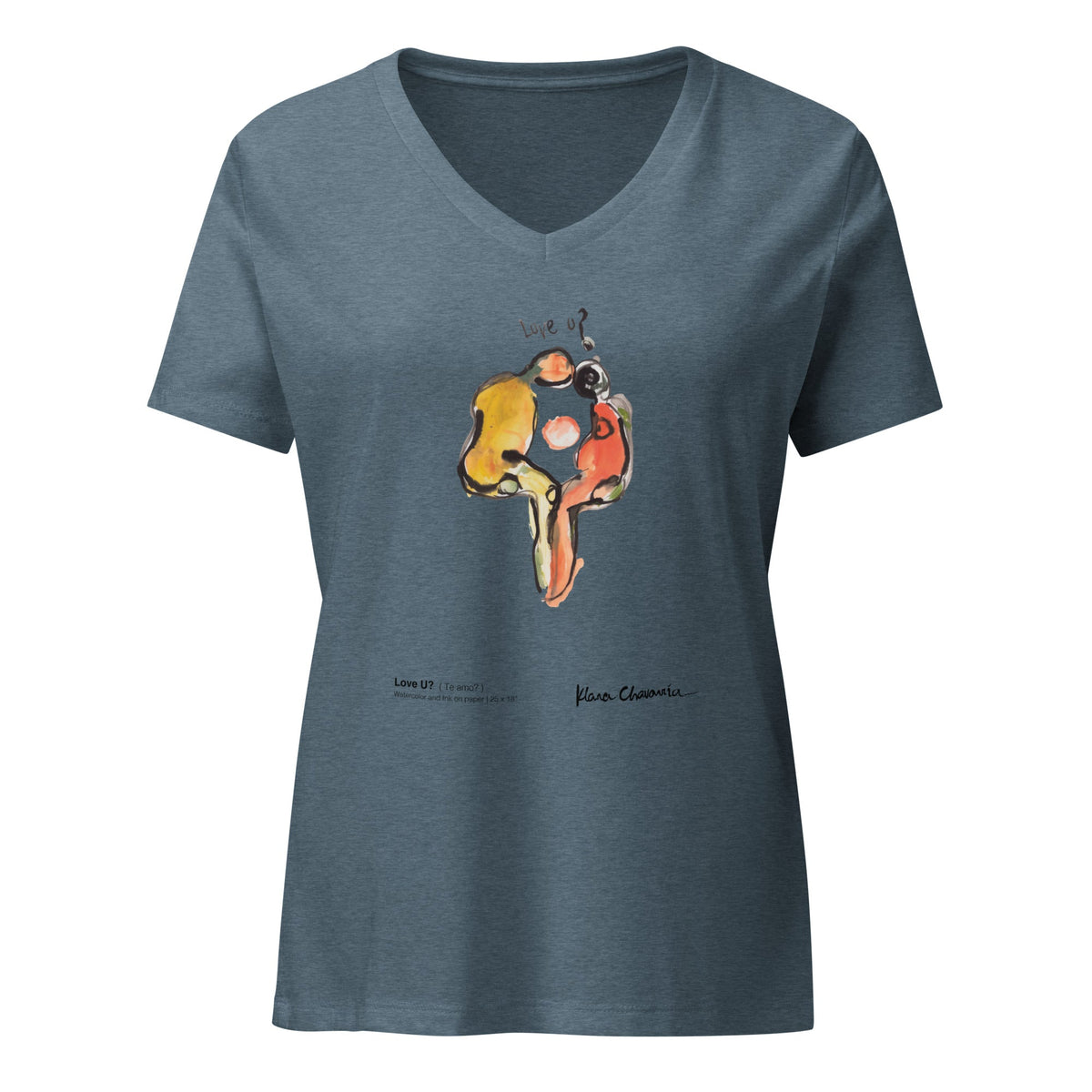 LOVE U? women's V-neck tee – Heather Slate – flat front