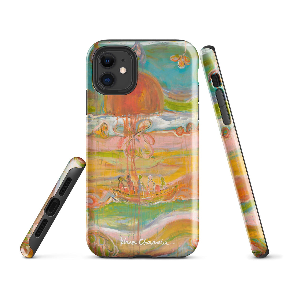 Glossy iPhone 11 tough case front with two side views showing the printed edges and buttons