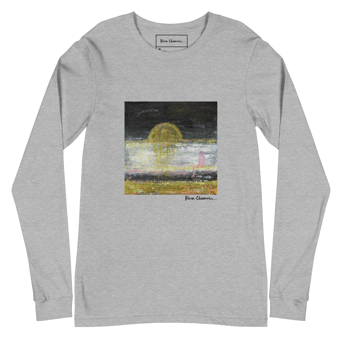 Heather gray long sleeve tee with a square print of a gold sun over a pale lake, CONTEMPLATION by Klara Chavarría