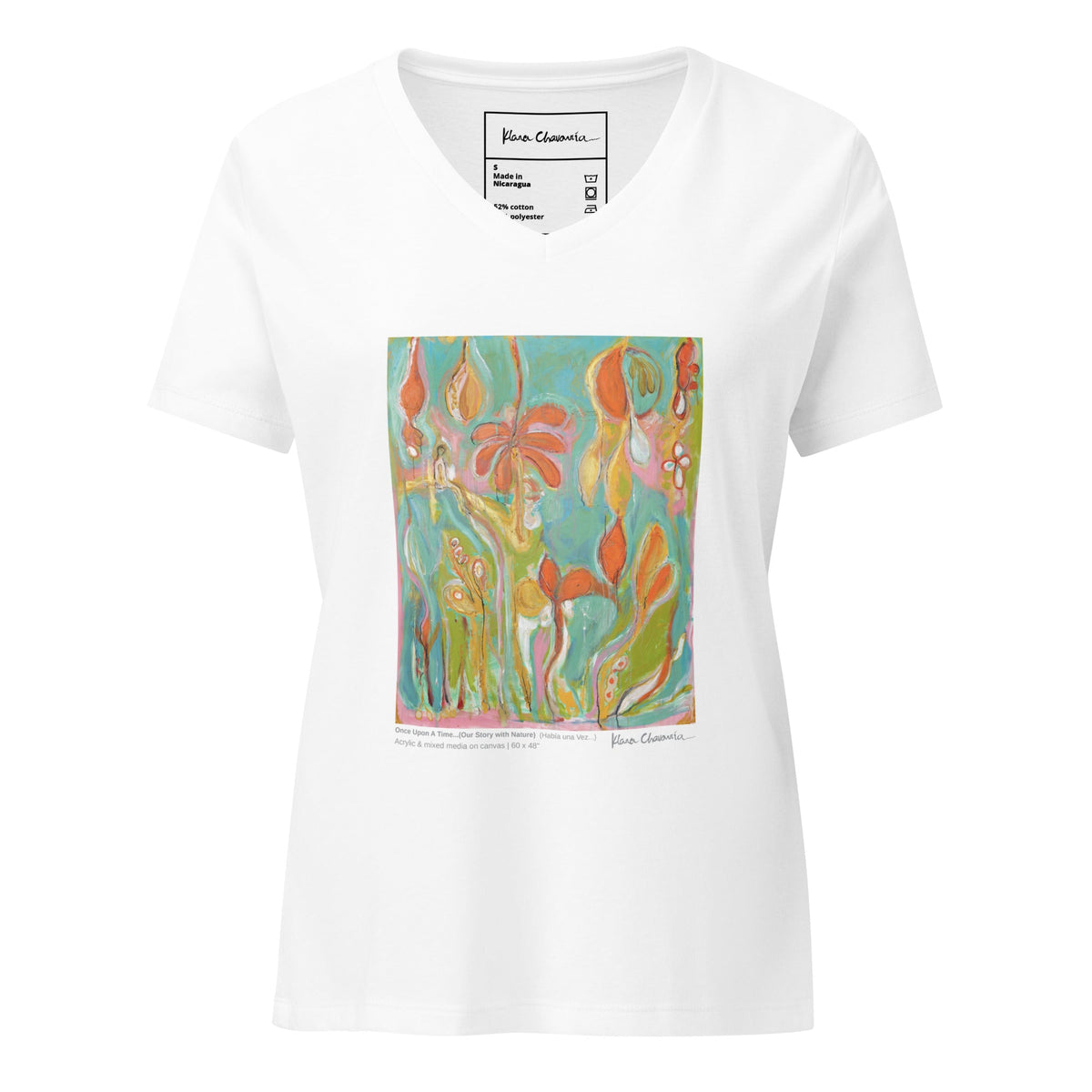 ONCE UPON A TIME... OUR STORY WITH NATURE women's V-neck tee – Solid White Blend – flat front