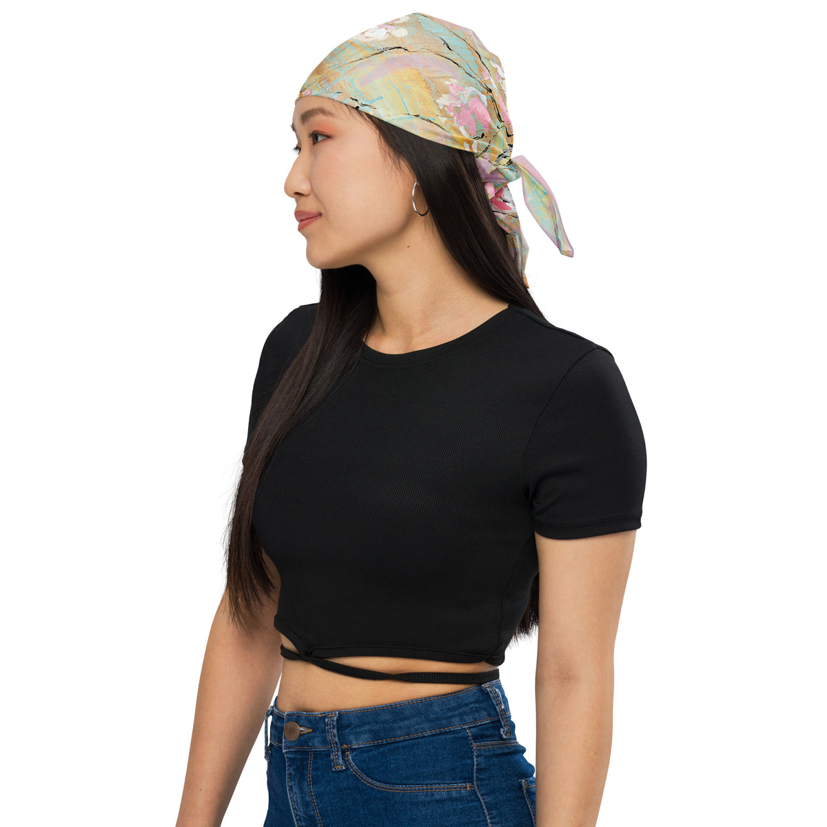 THE LIGHT OF FLOWERS II art bandana – tied over the hair on model, side view
