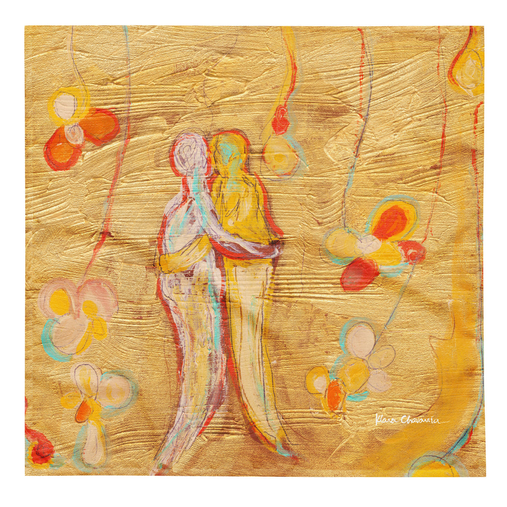 Flat bandana showing two embracing figures on textured gold with orange, yellow and pastel flowers