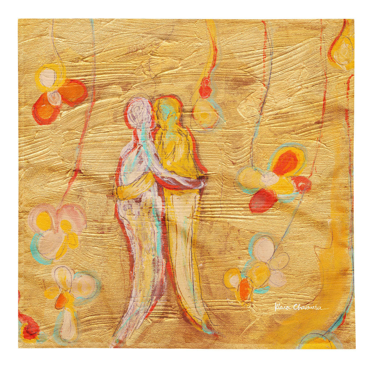 Flat bandana showing two embracing figures on textured gold with orange, yellow and pastel flowers