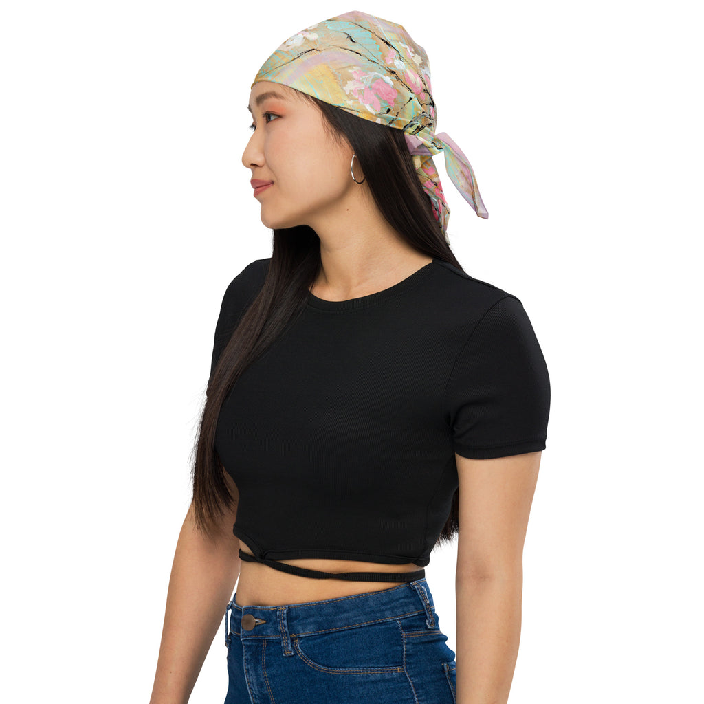 THE LIGHT OF FLOWERS II art bandana – tied at the back of the head on model