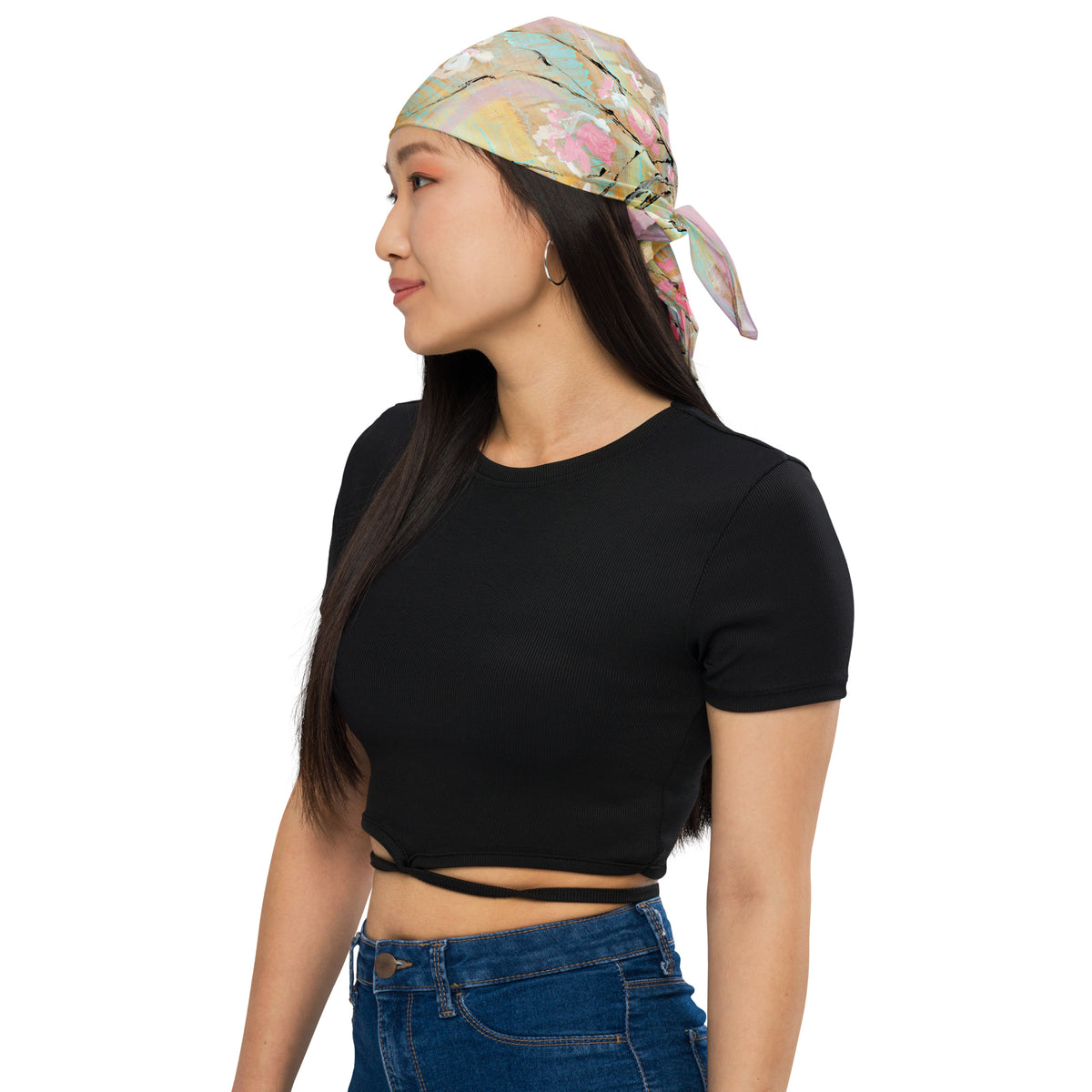 THE LIGHT OF FLOWERS II art bandana – tied at the back of the head on model