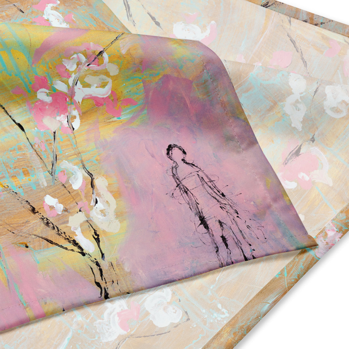 THE LIGHT OF FLOWERS II art bandana – fabric close-up showing the sketched figure