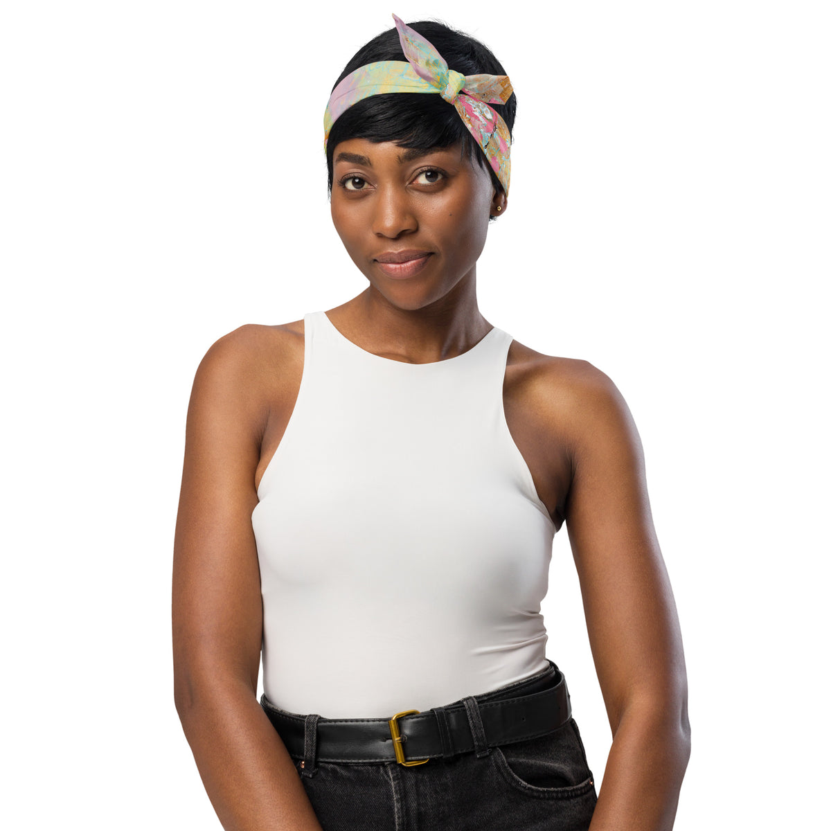 THE LIGHT OF FLOWERS II art bandana – worn as a knotted headband on model