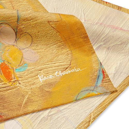 Folded gold bandana with pastel flowers and a white signature, LOVE AS NATURE I by Klara Chavarría