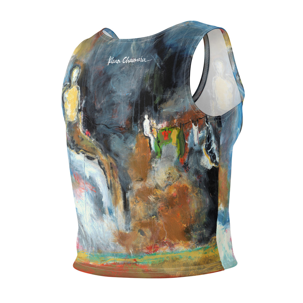 Angled back view of the crop top with white signature and the seated figure on the left panel