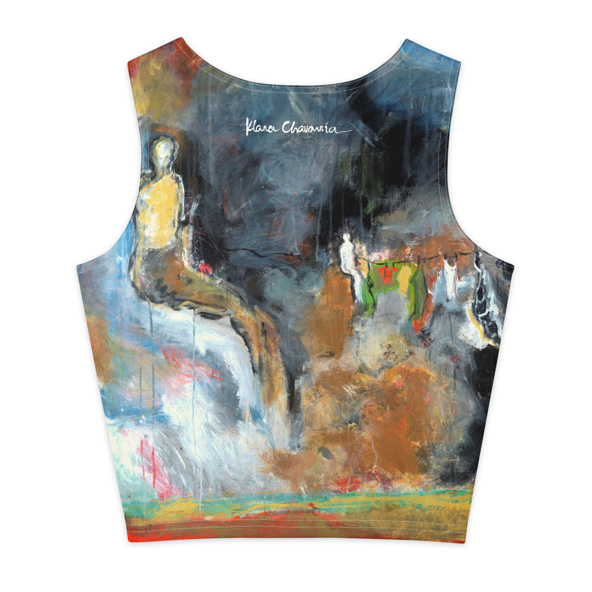 Flat back of the crop top, white signature at the neck above the seated figure and hanging laundry