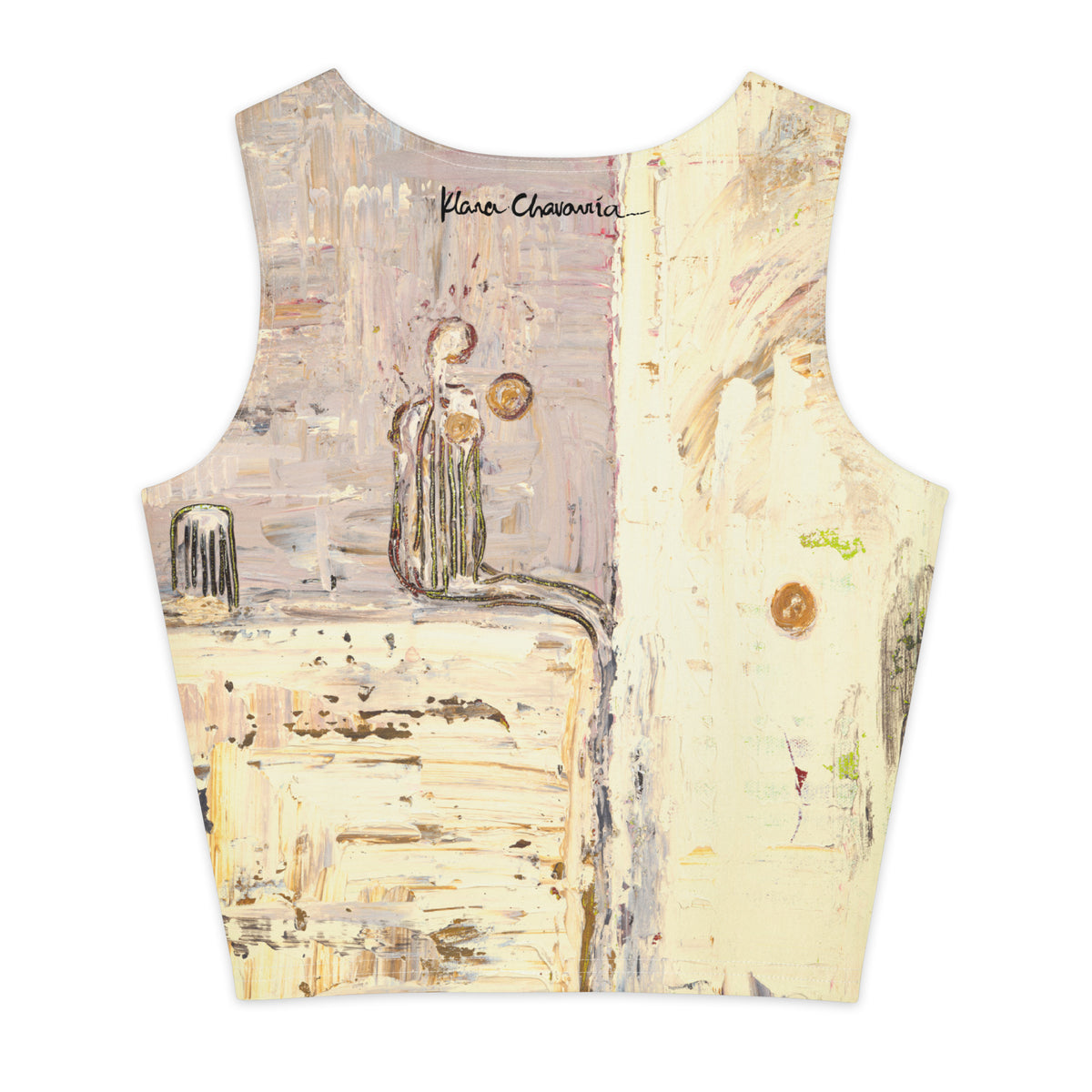 Flat back of the crop top with a black signature at the neck and the seated figure on a cream ledge