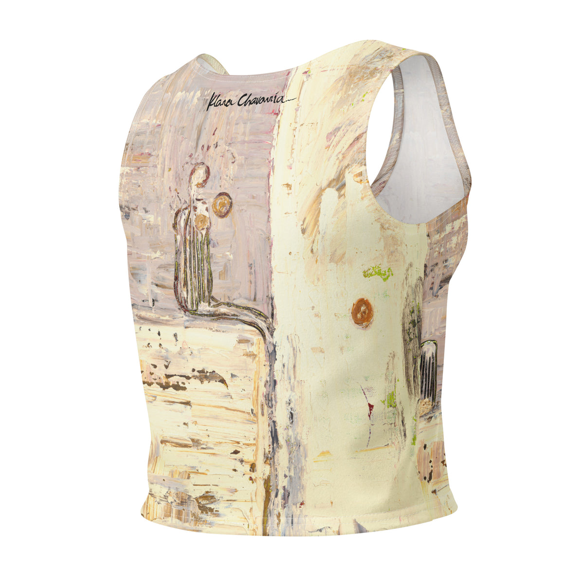 Angled back view of the crop top with signature, the thin seated figure and cream right panel