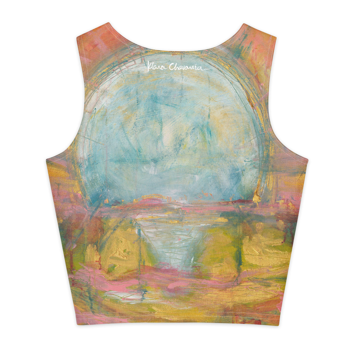 Flat back of the crop top, white signature inside the blue circle over gold and pink bands