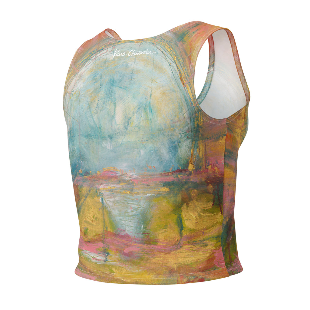 Angled back view of the crop top with signature, coral edges and gold lower half