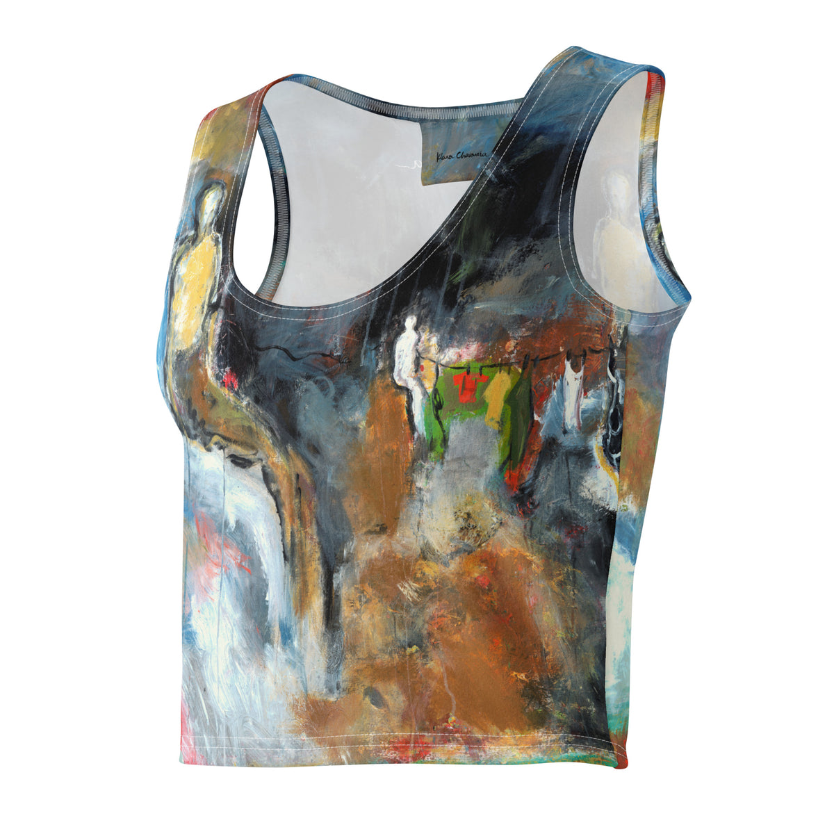 Angled front view of the crop top showing the clothesline with green and red garments on gray and ochre