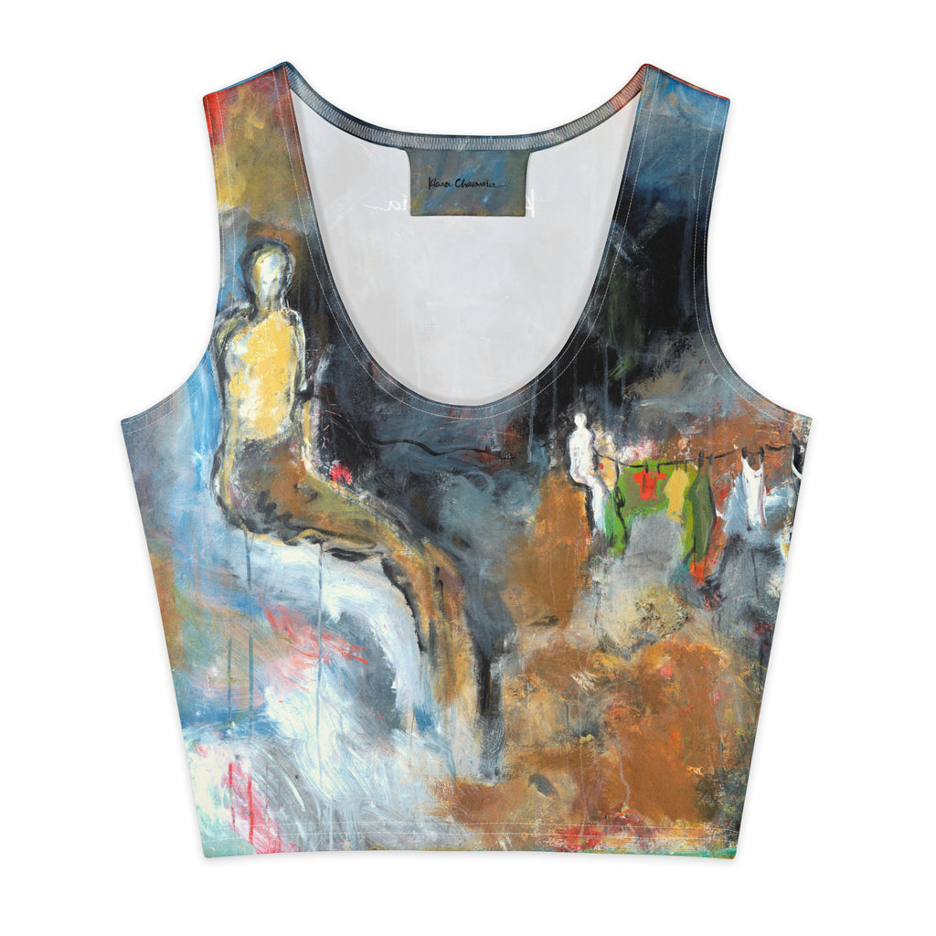 Crop top with a seated figure and clothesline of garments, SELECTING THE COLOR OF THE SOUL by Klara Chavarría