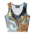 Crop top with a seated figure and clothesline of garments, SELECTING THE COLOR OF THE SOUL by Klara Chavarría