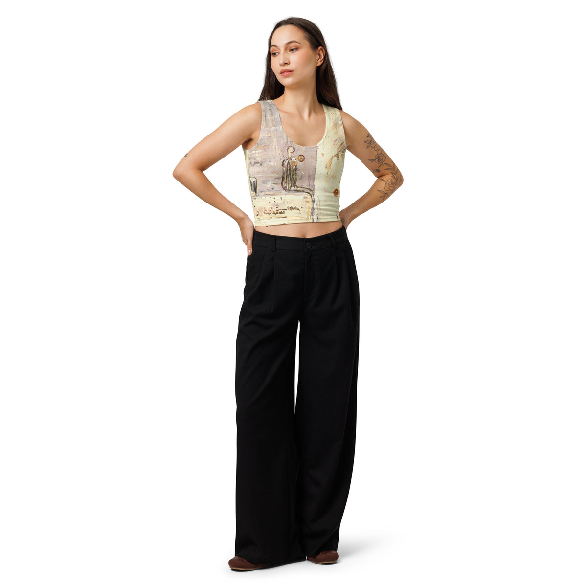 Model in mauve and cream crop top, hands on hips, CONSIDERING A CHANGE OF HEART by Klara Chavarría