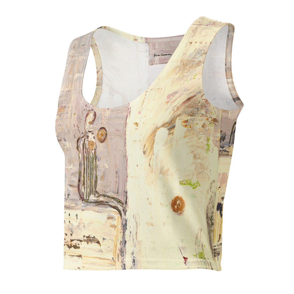 Angled front view of the crop top showing the figure, gold dots and inner neck label