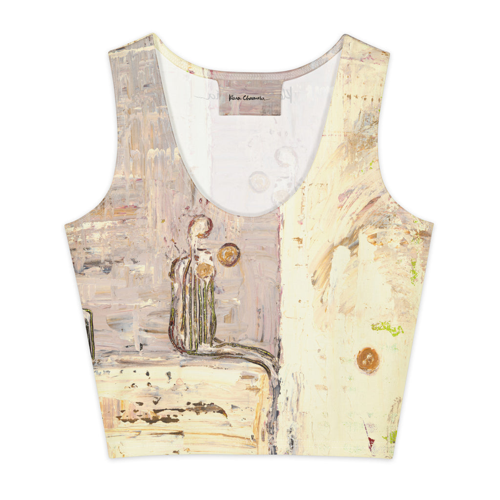 Flat front of the crop top, a slender seated figure with gold circles on mauve and cream textured paint