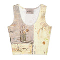 Flat front of the crop top, a slender seated figure with gold circles on mauve and cream textured paint