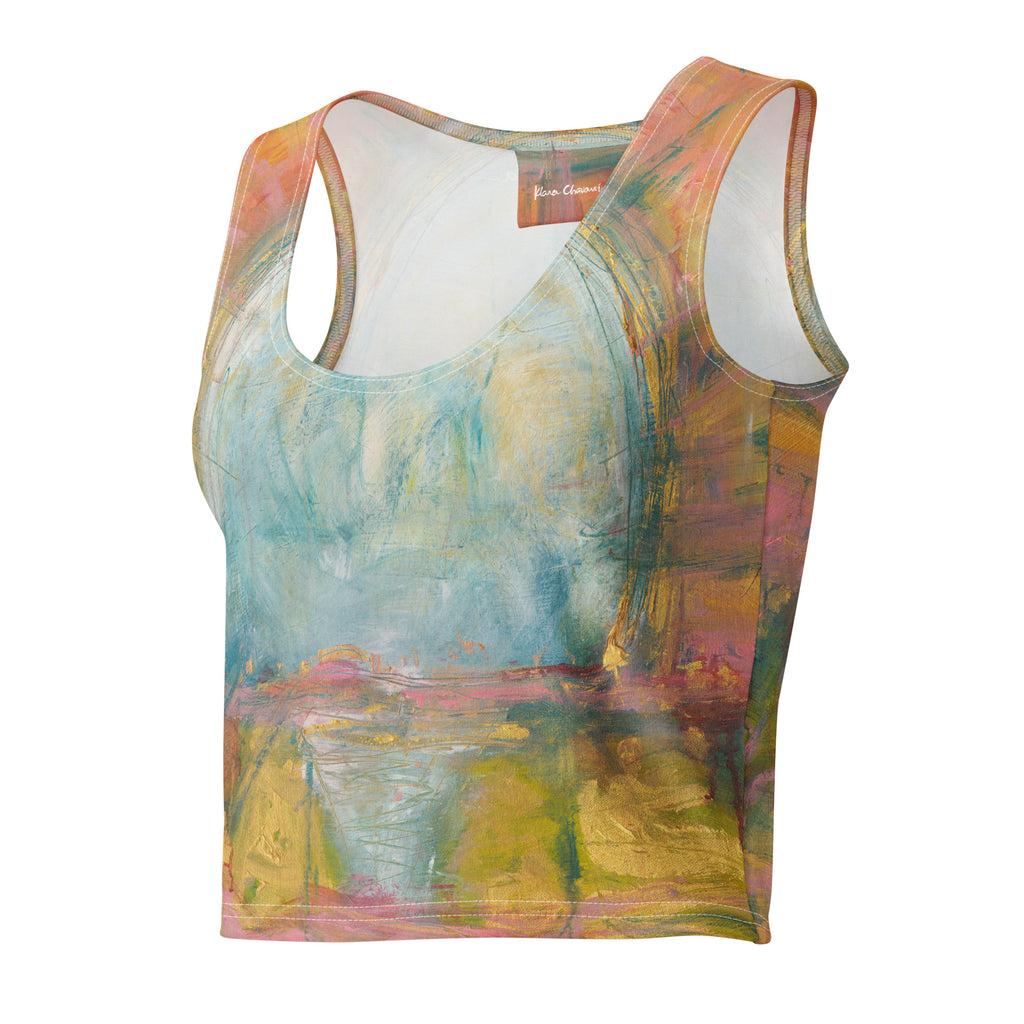 Angled front view of the crop top showing the inner neck label and soft blue center
