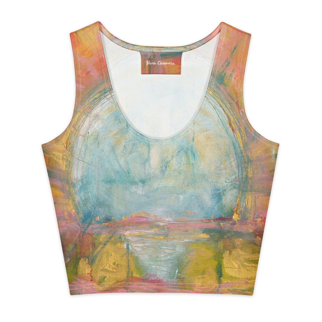 Crop top with a pale blue circle of light above a pink and gold horizon, THE COLORS OF LIGHT by Klara Chavarría