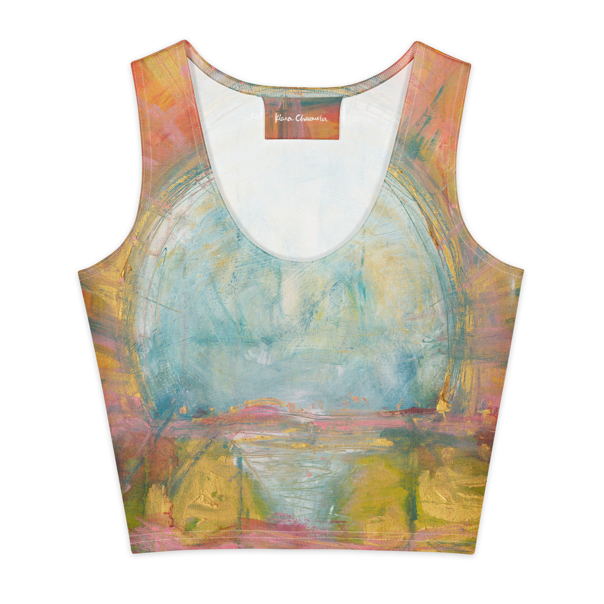 Crop top with a pale blue circle of light above a pink and gold horizon, THE COLORS OF LIGHT by Klara Chavarría