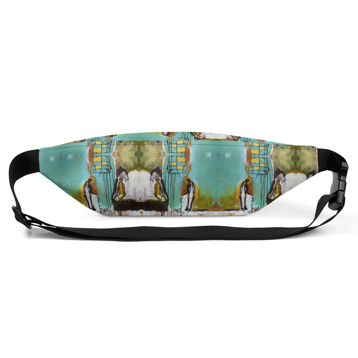 Back panel of the fanny pack with the black adjustable strap and buckle laid flat