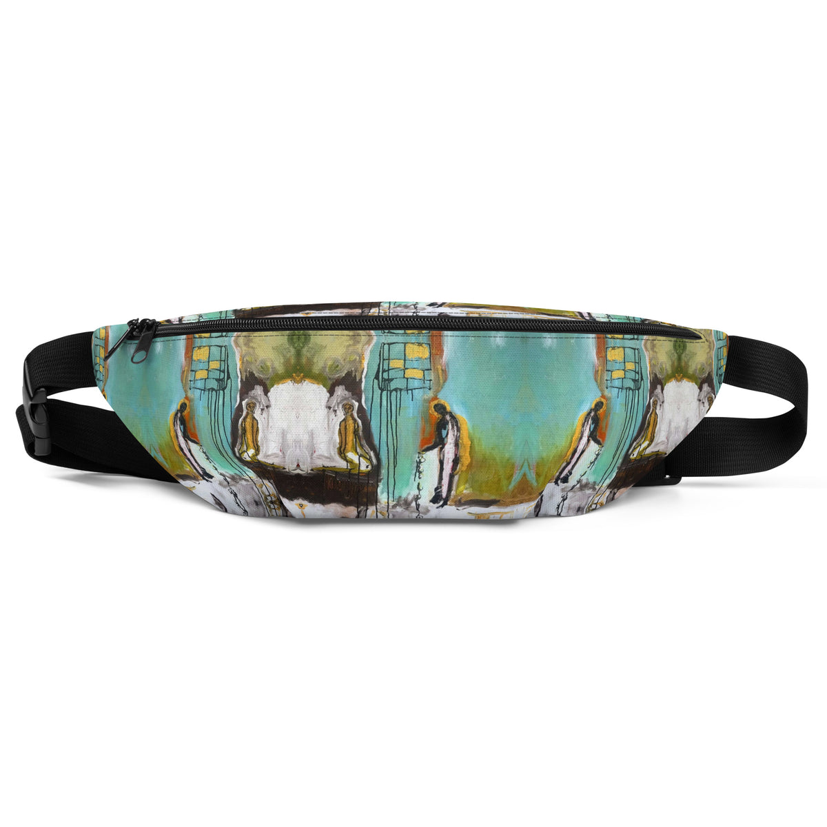 Front of the fanny pack with a black zipper and strap, mirrored figures and grid shapes on turquoise