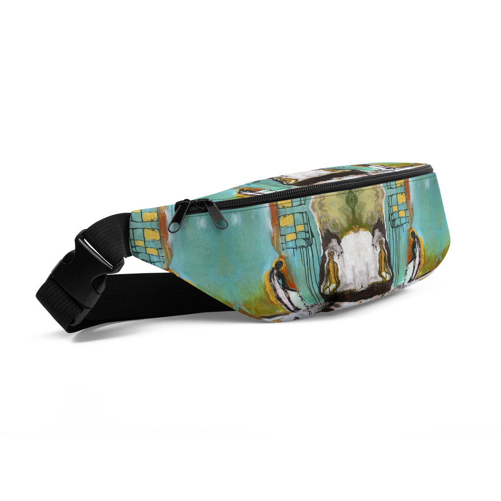 Angled side view of the fanny pack, a white and olive mirrored shape between dark figures