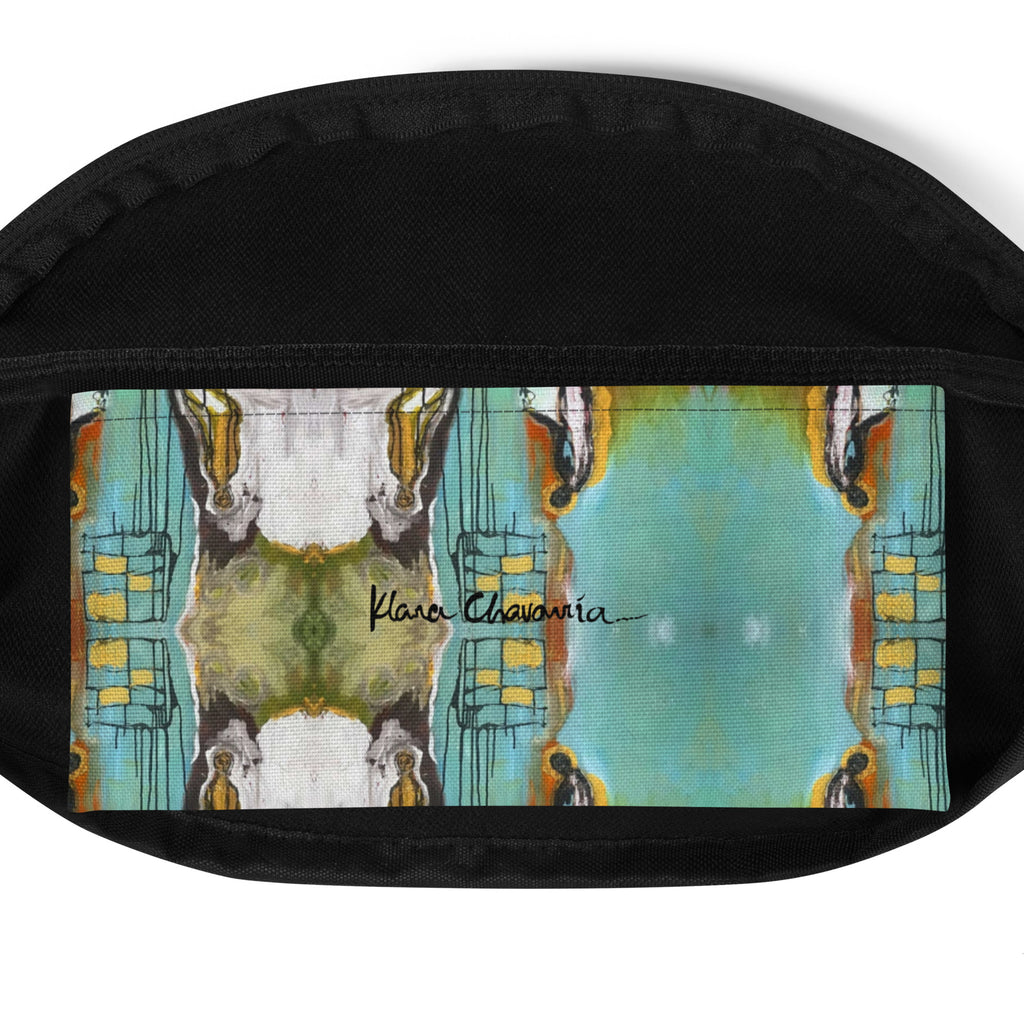 Inside of the fanny pack showing a printed pocket panel with a black signature