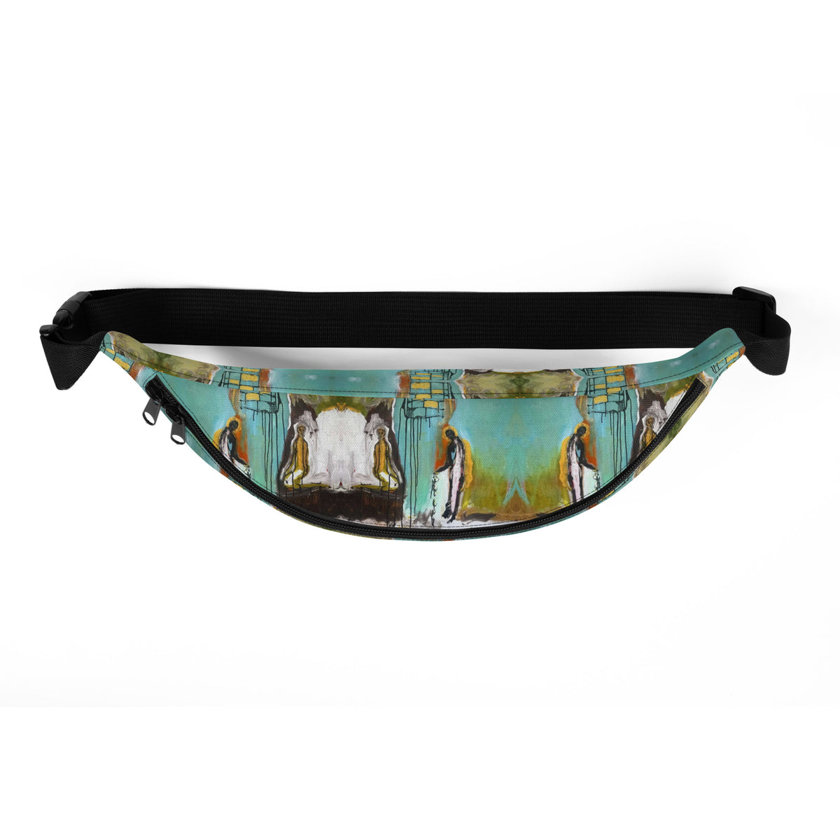 Top-down view of the fanny pack showing the zipper, black strap and repeating turquoise pattern