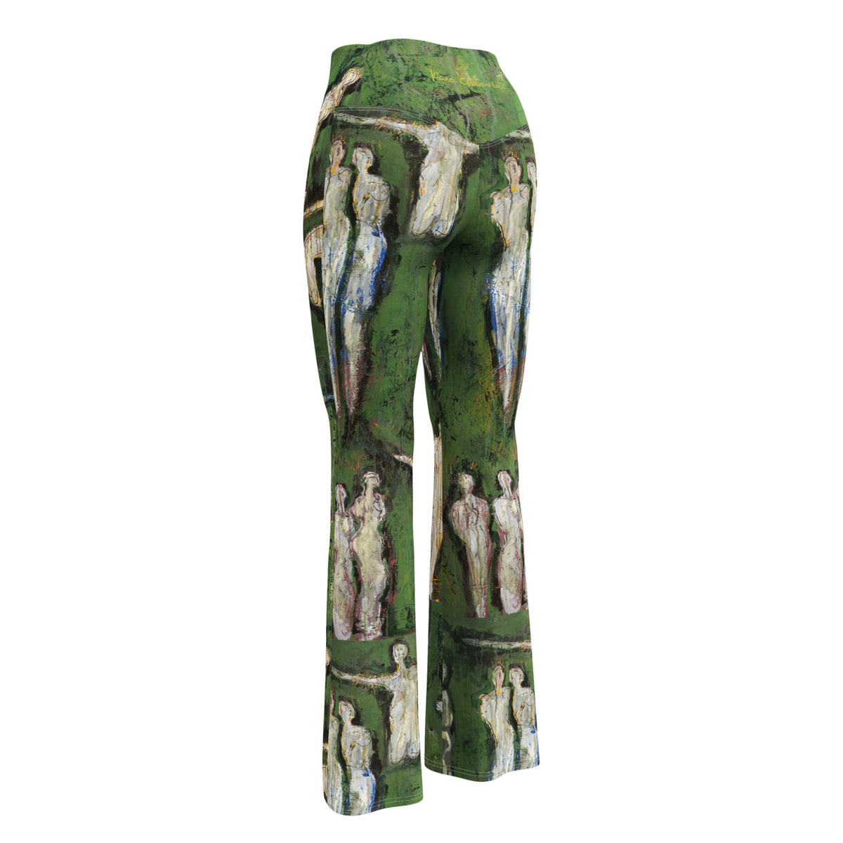 Back three-quarter view of the flare leggings on their own, gold signature on waistband, pale figures in pairs
