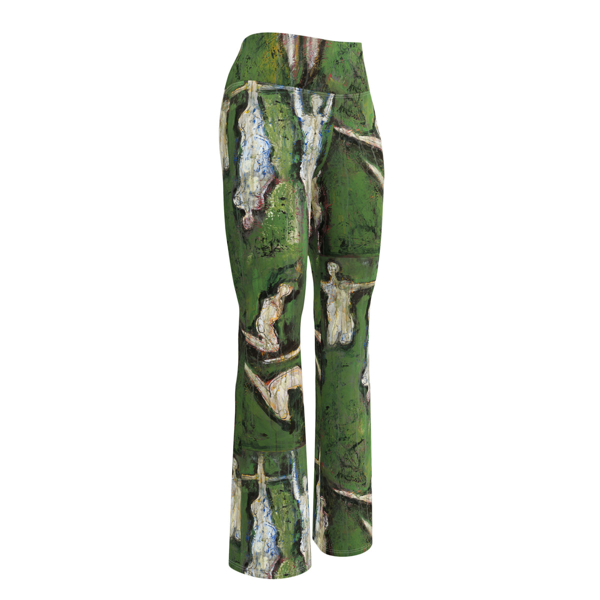 Front three-quarter view of the flare leggings on their own, pale figures with outstretched arms on green