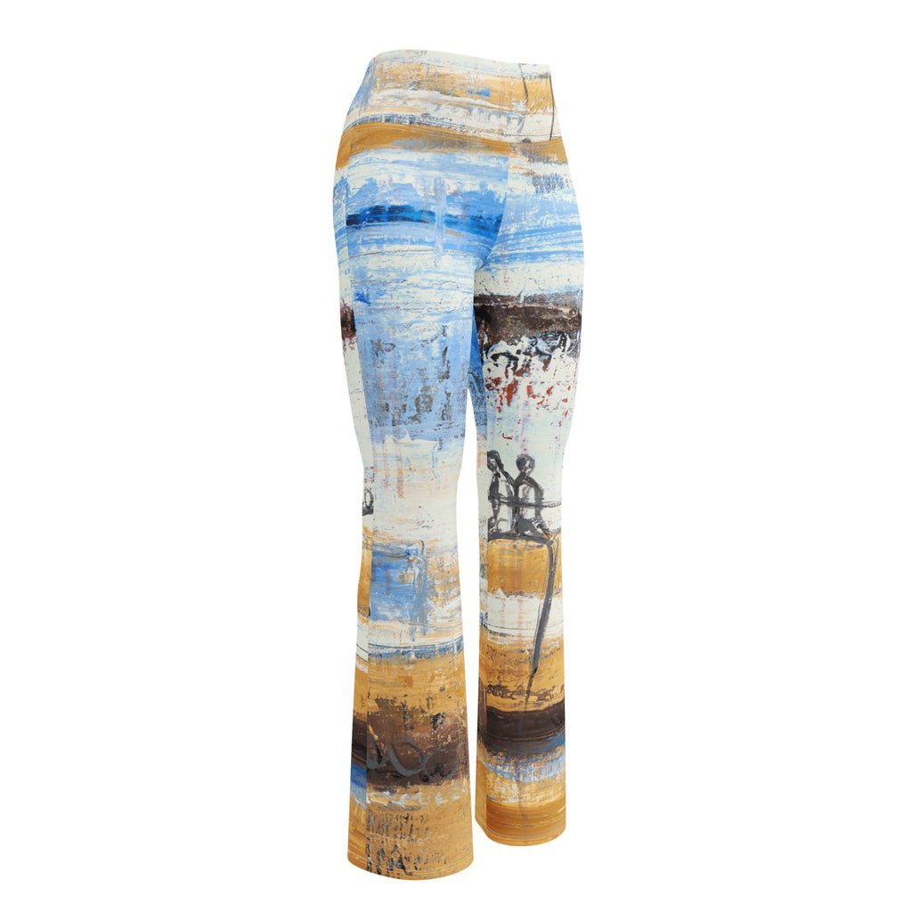 3D front angle of the flare leggings, two small sketched figures on one leg above an ochre band