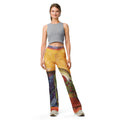 Front view of model in a gray crop tank and yellow, purple and green flare leggings, TEARS FROM THE HEART by Klara Chavarría