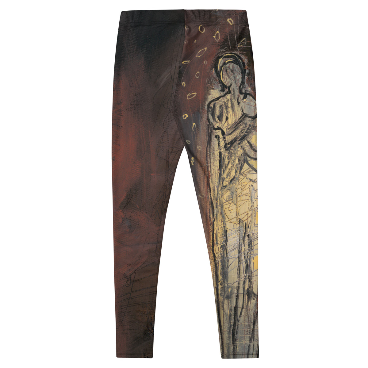 Flat back view of the leggings showing the full gold and black standing figure