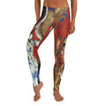 Front view of barefoot leggings in red, gold and white with a pale figure on one shin, A DROP OF LOVE by Klara Chavarría