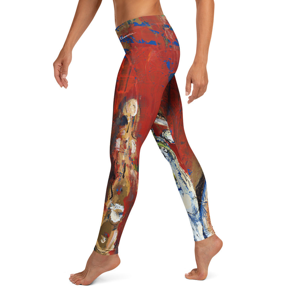Side view of barefoot model walking, tan figure on the calf and white strokes on the other leg