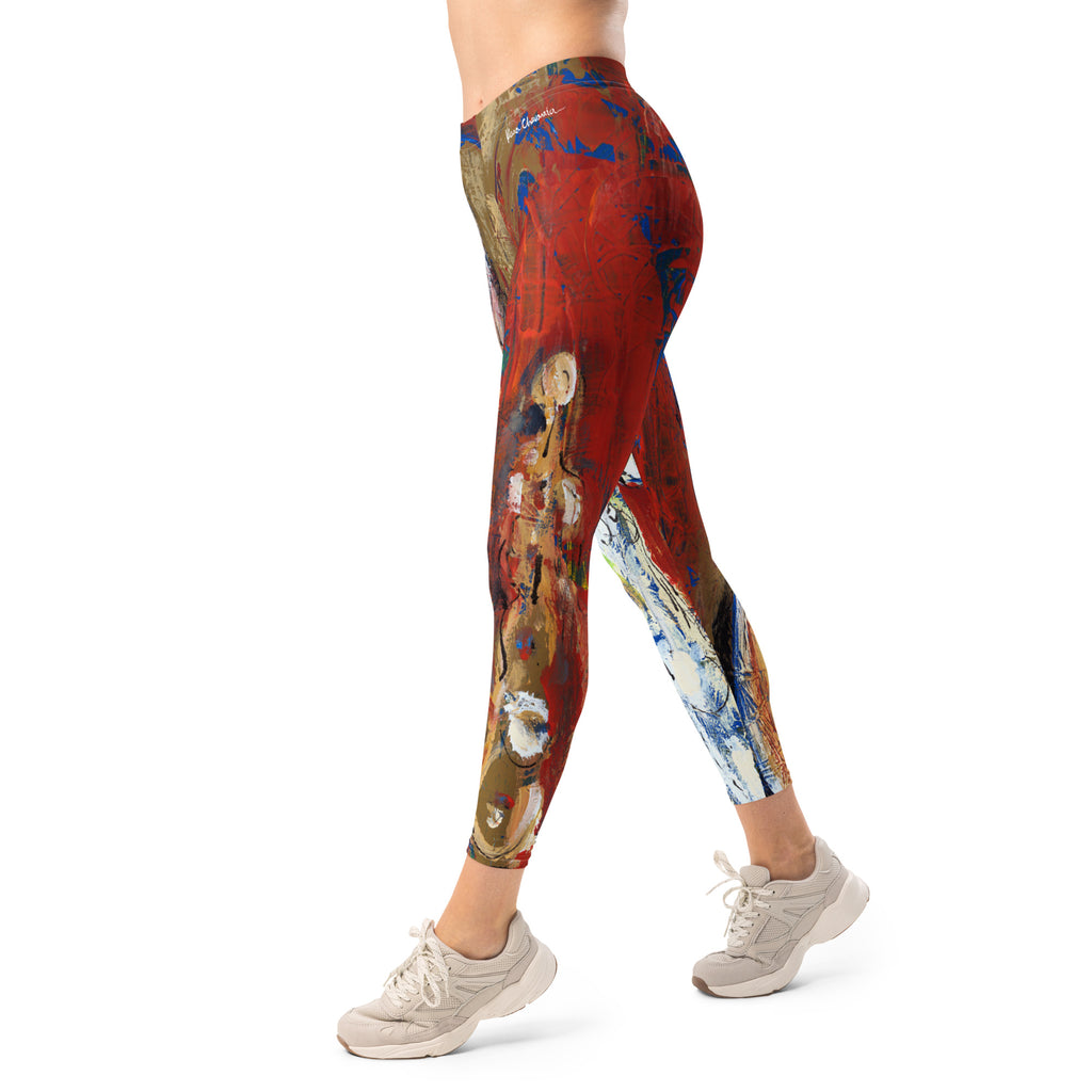 Side view of model in sneakers mid-stride, tan figure on the thigh and white lower leg