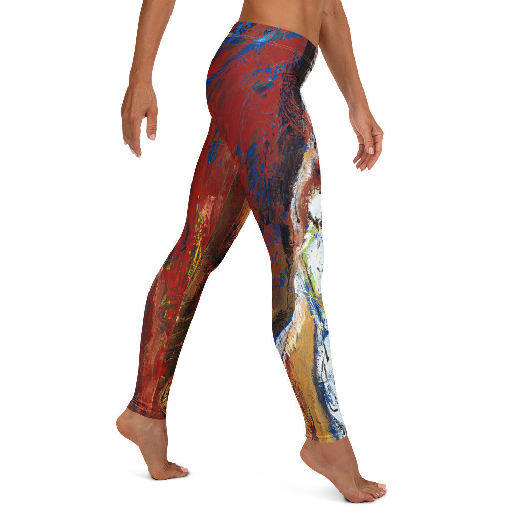 Opposite side view walking on tiptoe, red and blue strokes with a white band near the knee
