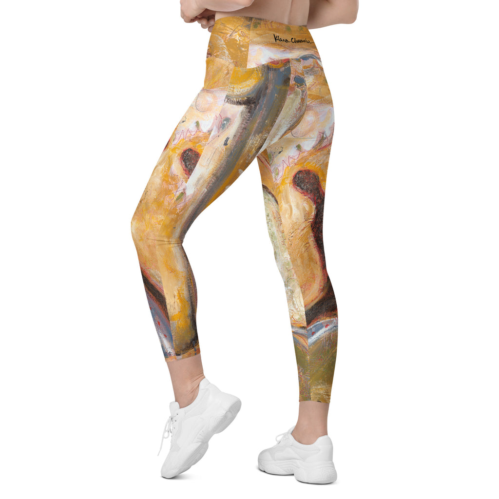 Back three-quarter view of model with arms crossed, signature on the waistband