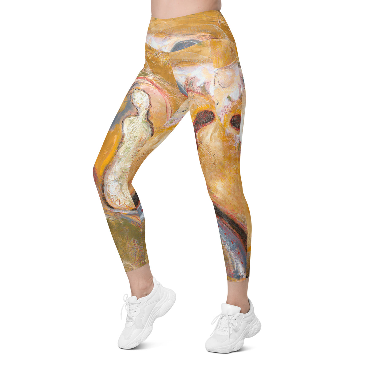 Other three-quarter view, cream figure on one thigh and red shapes on the pocket