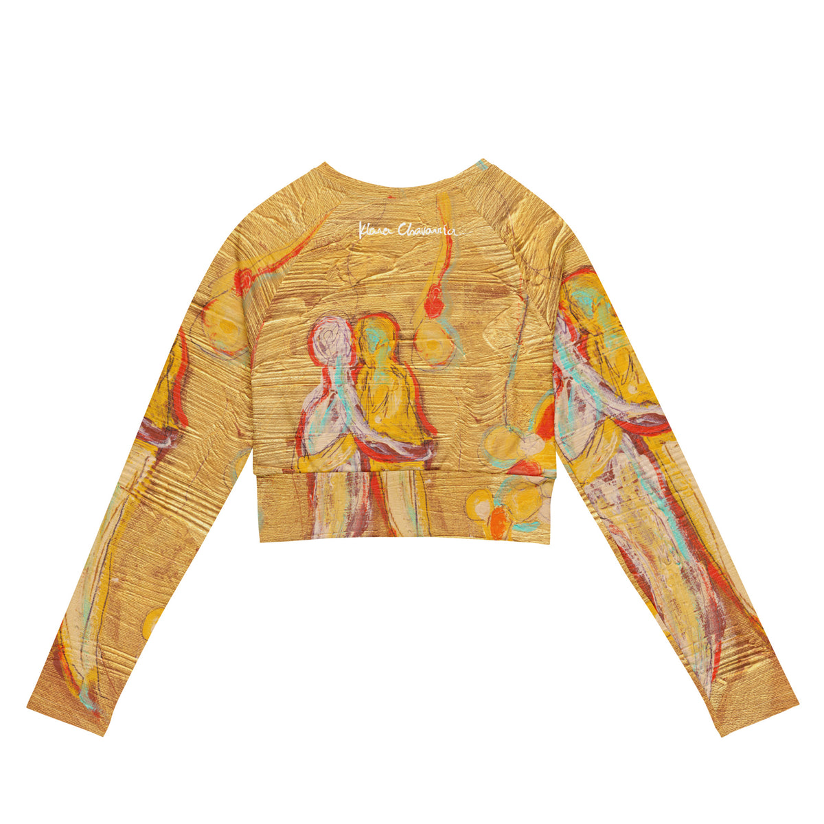 Flat back of the gold long sleeve crop top with embracing figures and black signature