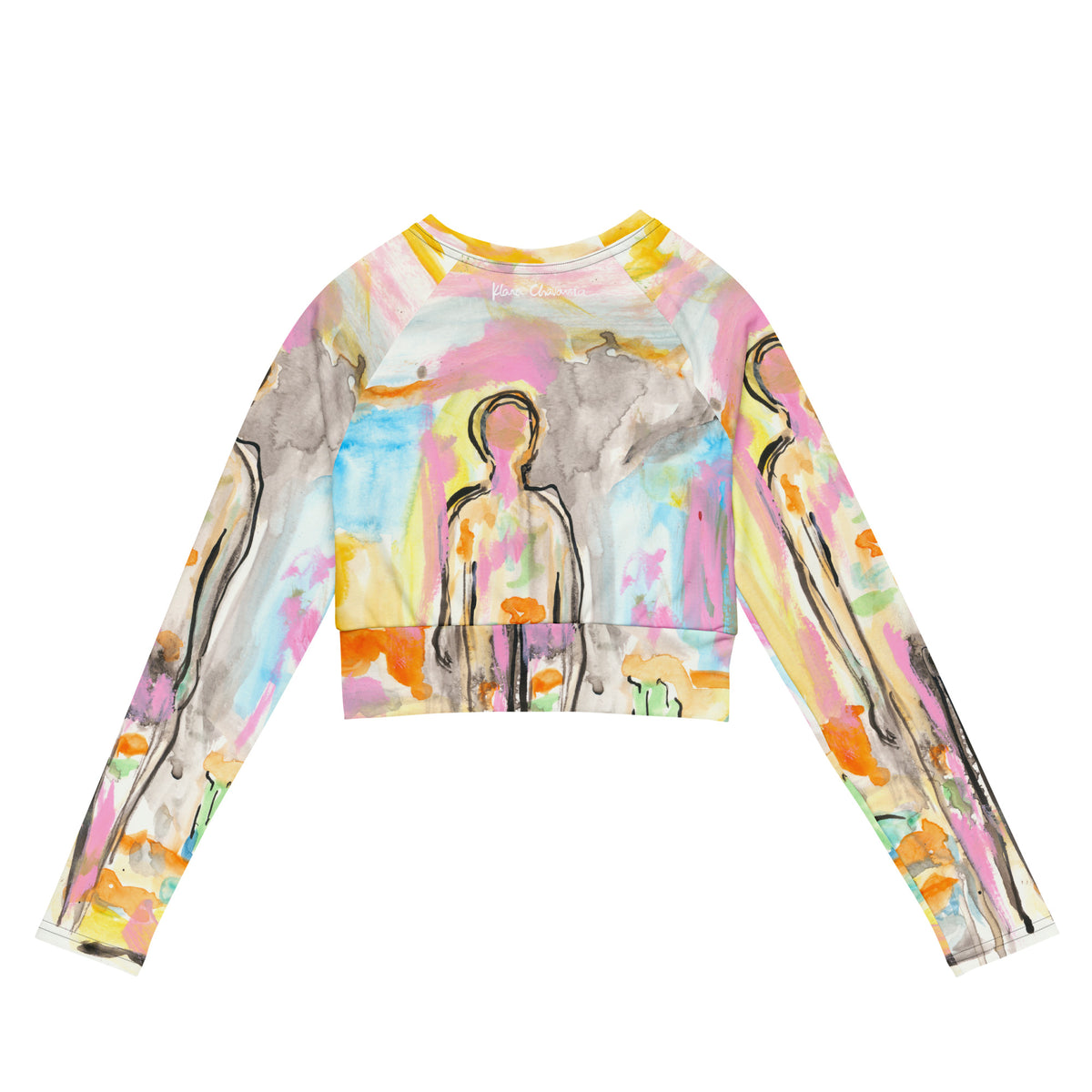 Flat back of the watercolor crop top with a small white signature below the yellow collar